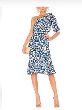 SALONI One-Shoulder Floral Midi Dress in Blue and White
